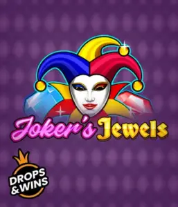 Enjoy the vibrant world of the Joker's Jewels game by Pragmatic Play, featuring a captivating joker's mask adorned with a multicolored jester hat. This image captures the fun and excitement of casino gaming, set against a purple background. Great for fans of joker-themed slots, delivering a thrilling adventure. 